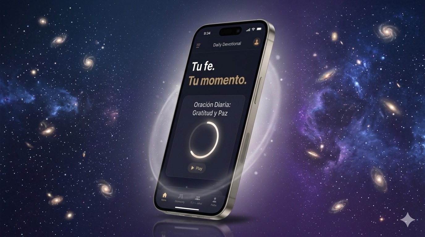La app Dios Mío mostrando la oración diaria «Gratitud y Paz» con su anillo de progreso, sobre un cielo de galaxias